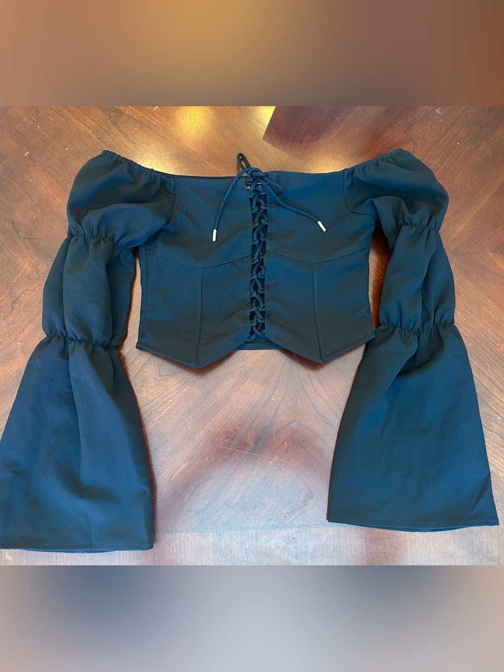 Maniere De Voir Black Corset-Style Top with Lace Tie
